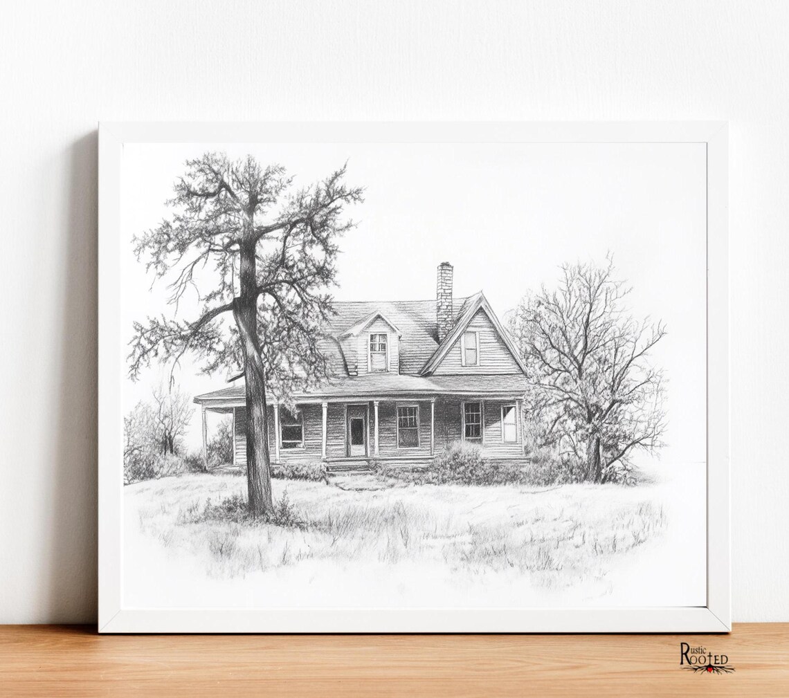Detailed Pencil Sketch of an Old Farmhouse with Big Porch Poster - Image 4