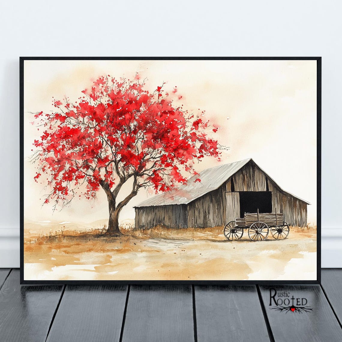 Red Flowering Tree by Old Barn Watercolor Country Scene Poster - Image 3