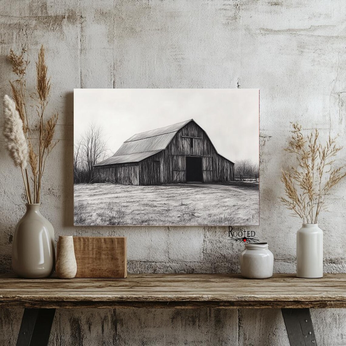 Black and White Charcoal Drawing of an Old Country Barn Poster - Image 3