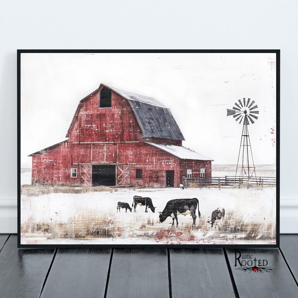 Vintage Red Barn with Windmill and Grazing Cows in Snow Poster - Image 3