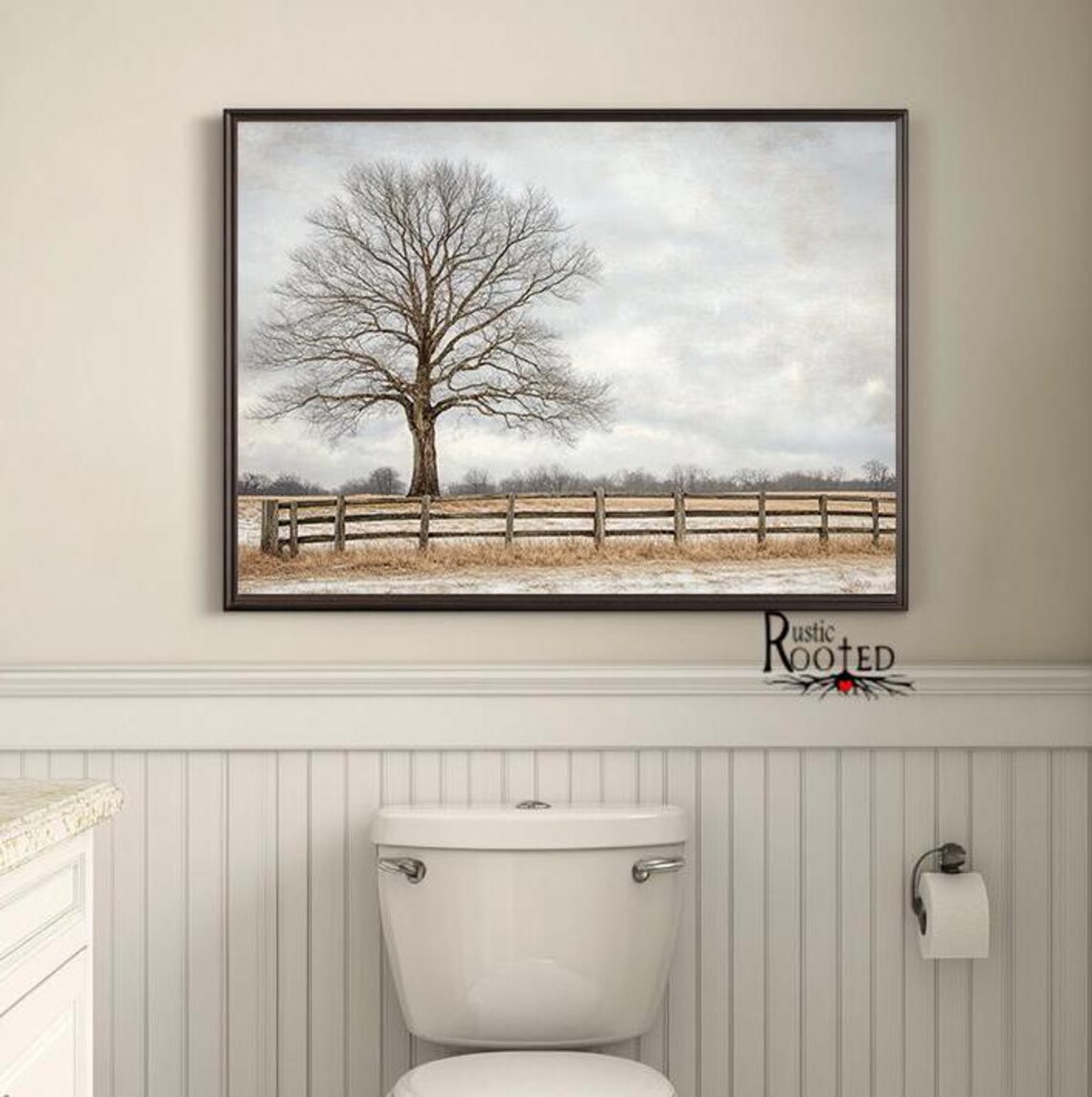 Lone Bare Tree in a Country Field with Rustic Wooden Fence Poster - Image 4