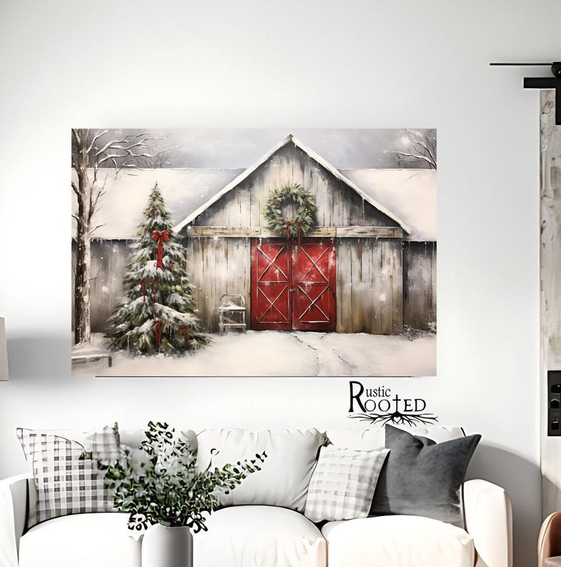 Snowy Winter Red Barn with Christmas Tree Holiday Scene Poster