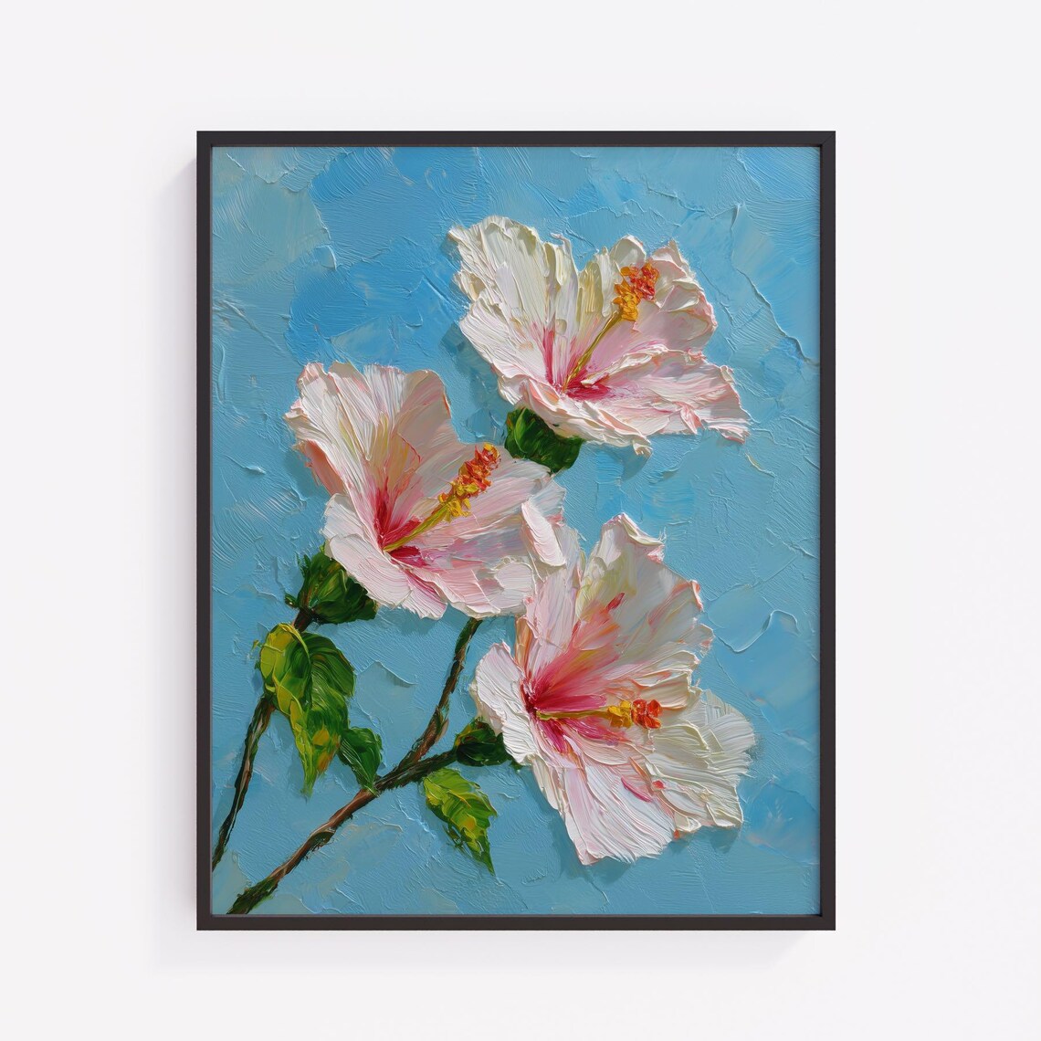 White Hibiscus Flowers Impasto Oil Painting on Textured Blue Canvas Poster