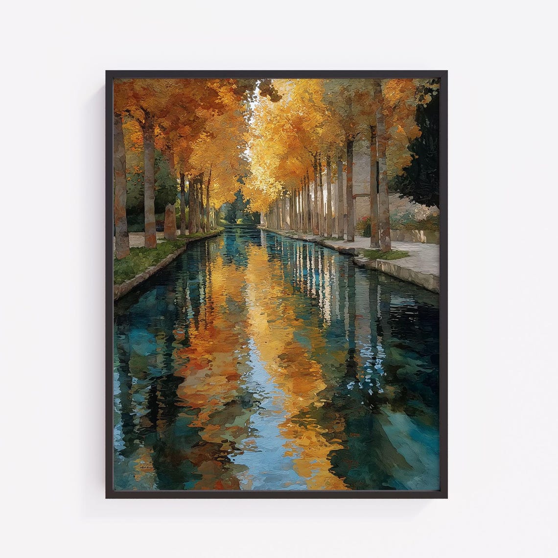 Golden Autumn Canal Tree Lined Water Reflection Oil Painting Poster