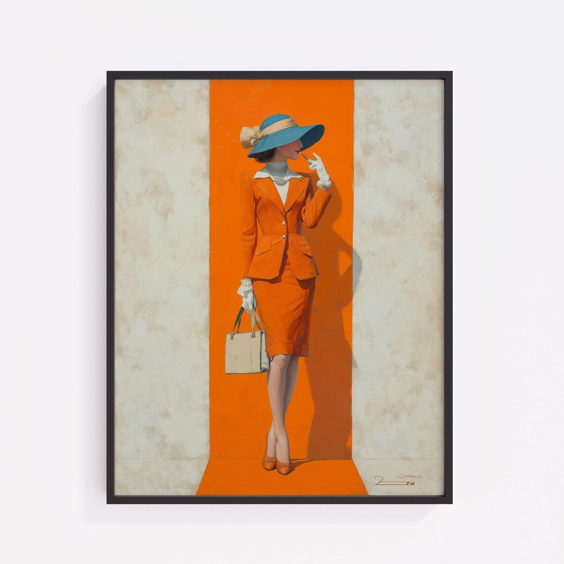 Retro Office Lady Orange Suit Teal Hat Vintage Fashion Art Poster