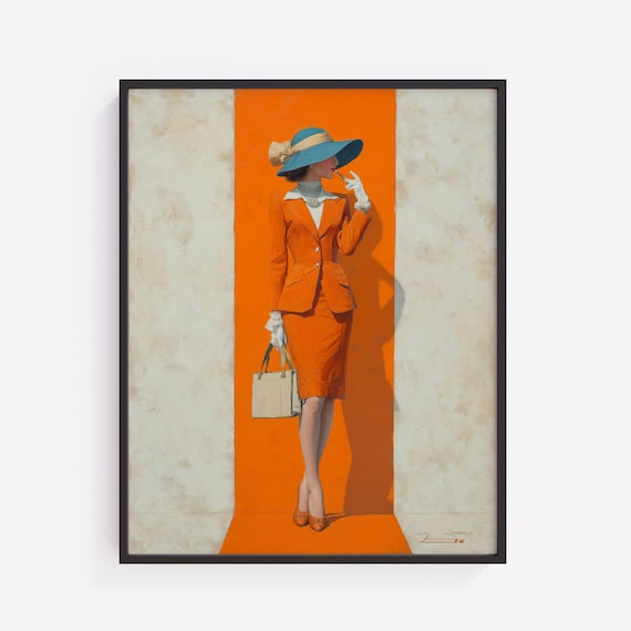 Retro Office Lady Orange Suit Teal Hat Vintage Fashion Art Poster