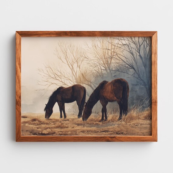 Rustic Autumn Horse Landscape Moody Watercolor Farmhouse Wall Art Earthy Neutral Palette Twilight Fall Countryside Scene 345