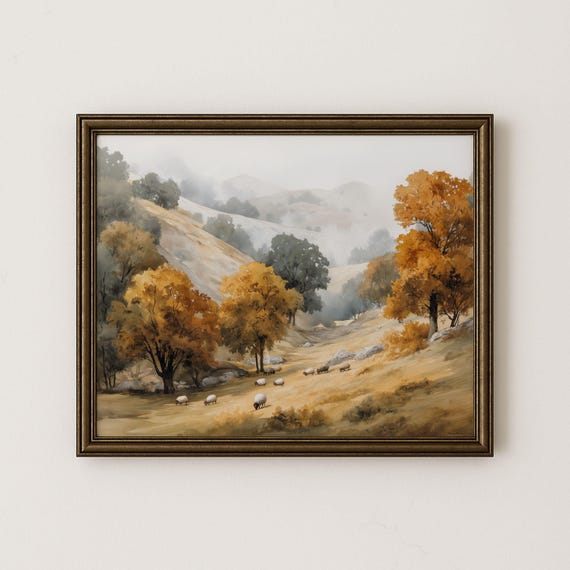 Autumn Sheep Landscape Print Vintage Fall Pastoral Scene