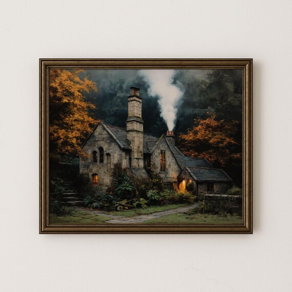Rustic Cottage Print Moody Autumn Landscape Wall Art