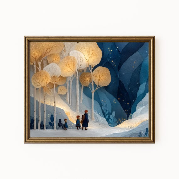 Winter Family Walk In Snowy Forest Serene Landscape Art Wall Decor Cozy Scene With Snow Rustic Print 275