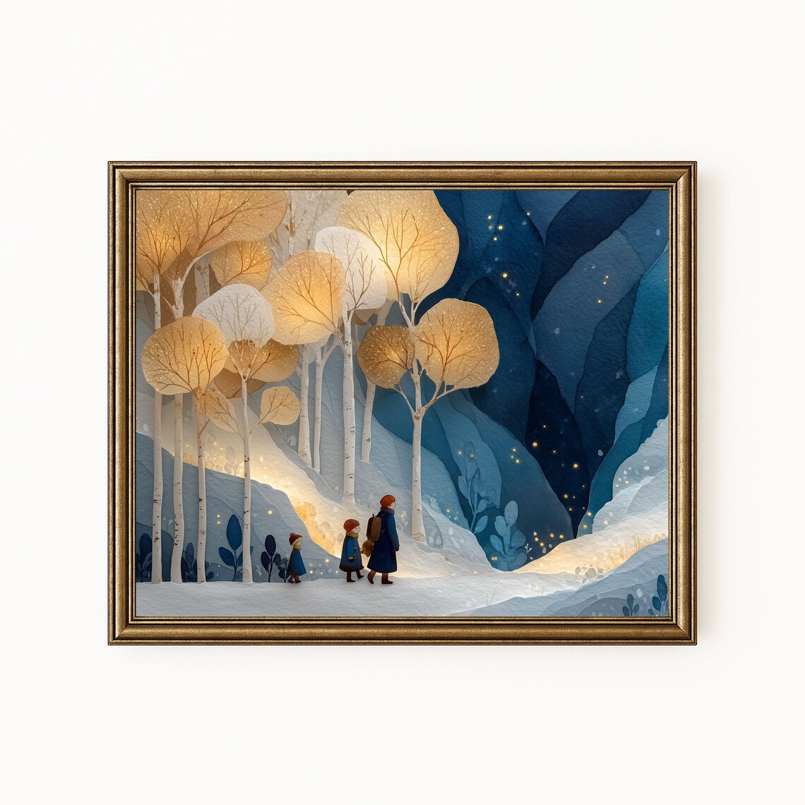 Children Walking Winter Forest Glowing Golden Trees Night Art Print