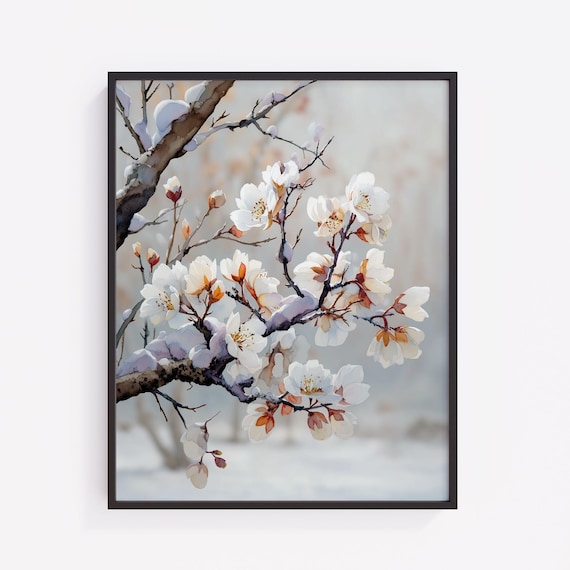 Winter Orchard Branch Frosted White Blossom Delicate Snowy Botanical Poster