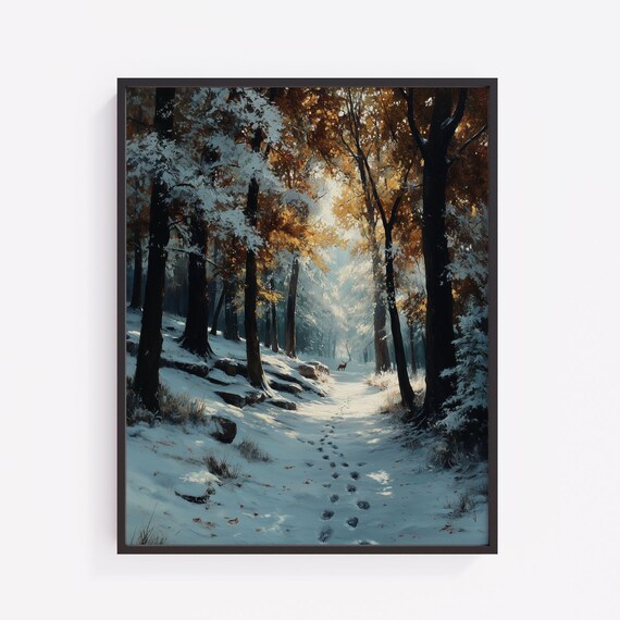 Snowy Forest Trail Deer Tracks Winter Woodland Peaceful Scene Print