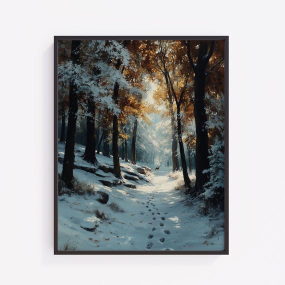 Winter Forest Trail Print Snow Deer Tracks Rustic Wall Art