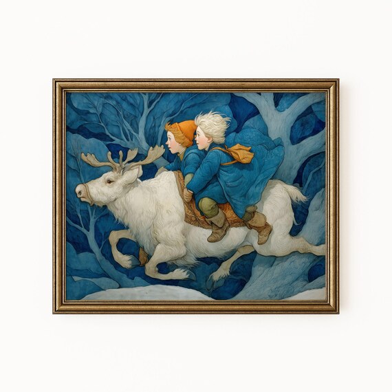 Two Children Riding White Reindeer Blue Winter Forest Storybook Print