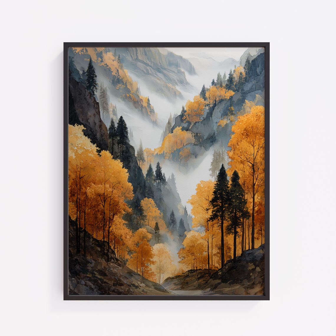 Foggy Autumn Valley Golden Trees Watercolor Scenic View Poster