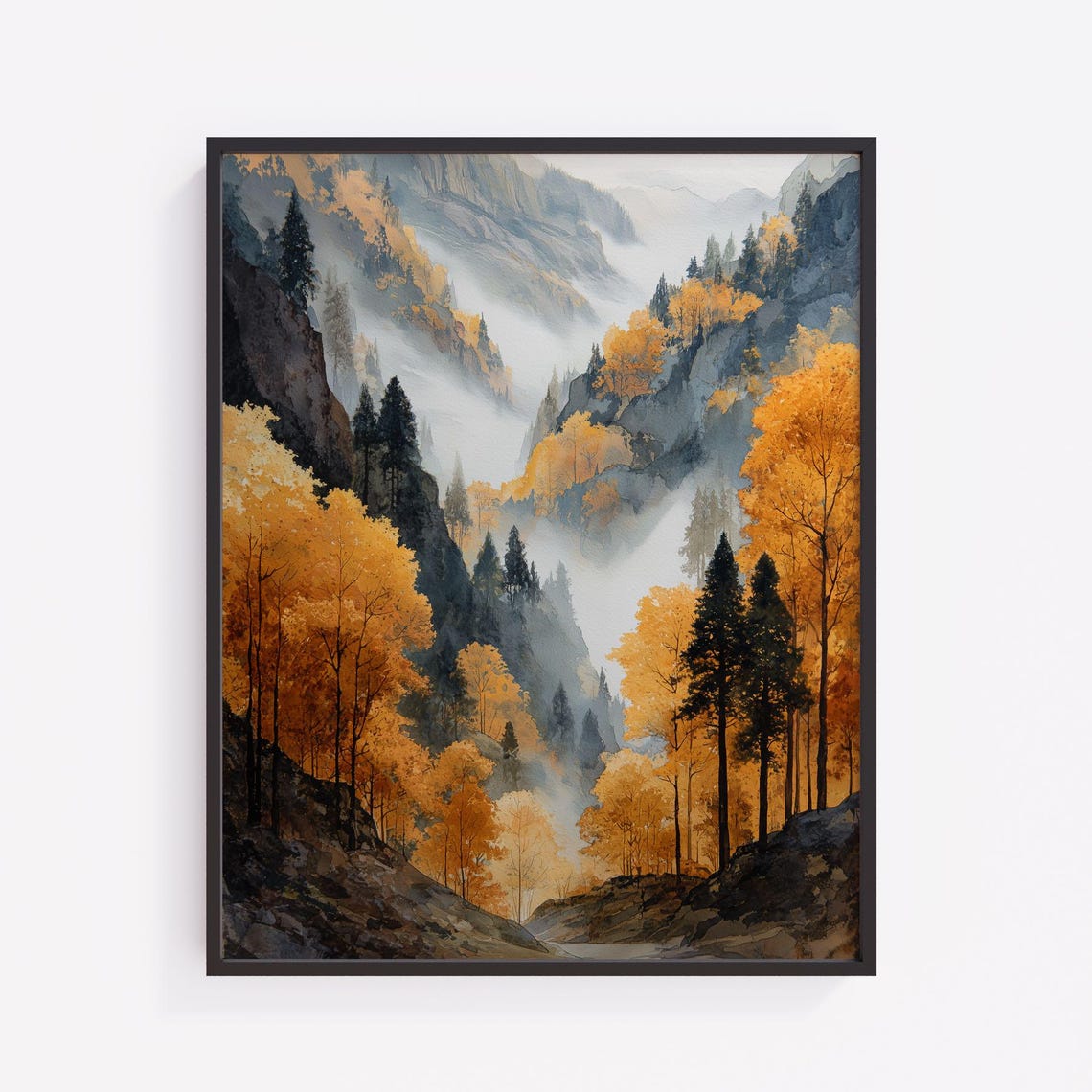 Misty Mountain Valley Watercolor Art Rustic Fall Landscape Print V163