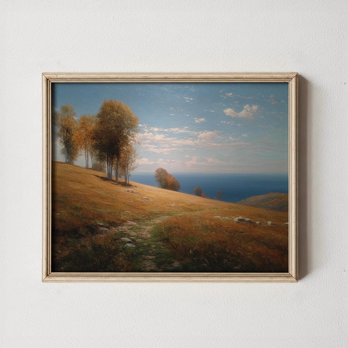 Autumn Hillside Beech Trees Overlooking Blue Sea Vintage Style Poster