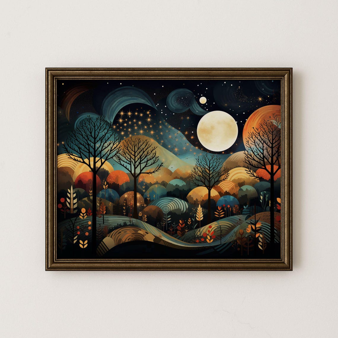 Moonlit Forest Print Vintage Night Sky Landscape
