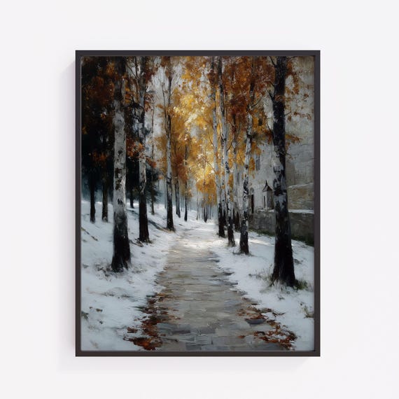 Winter Forest Path Print Rustic Snowy Landscape Art