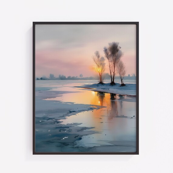 Winter Lake Sunrise Watercolor Print Moody Landscape Art