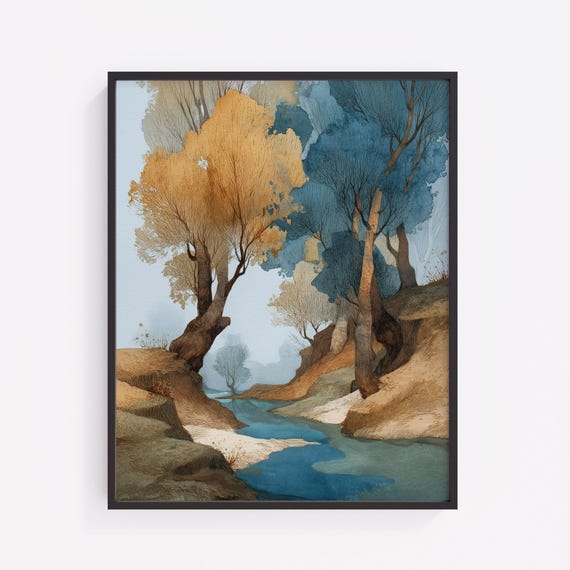 Willow Tree Autumn Landscape Print Vintage Riverbank Scene