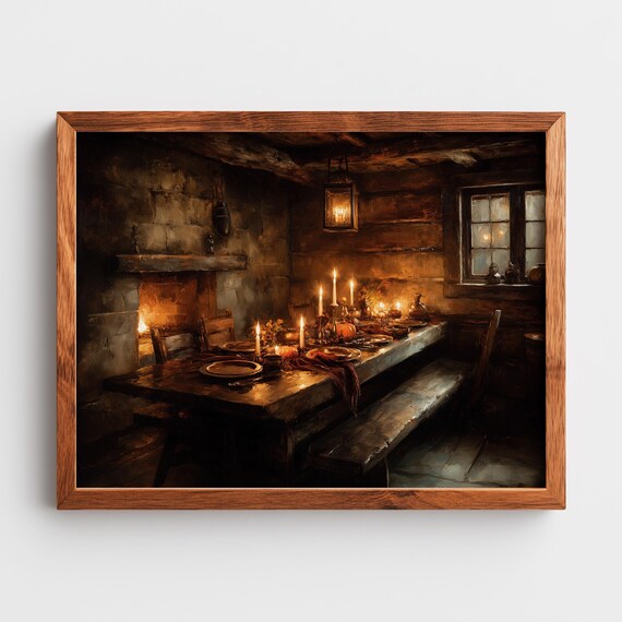 Rustic Thanksgiving Dinner Table Cozy Autumn Farmhouse Decor Moody Festive Art Candlelit Scene Vintage 381