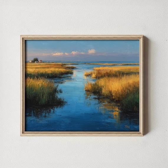 Golden Tidal Marsh Sunset Reeds And Blue Creek Coastal Scene Print