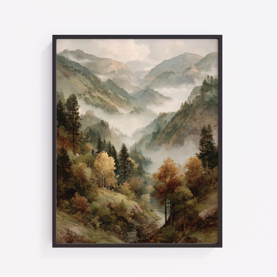 Watercolor Misty Mountain Valley Print Vintage Fall Landscape