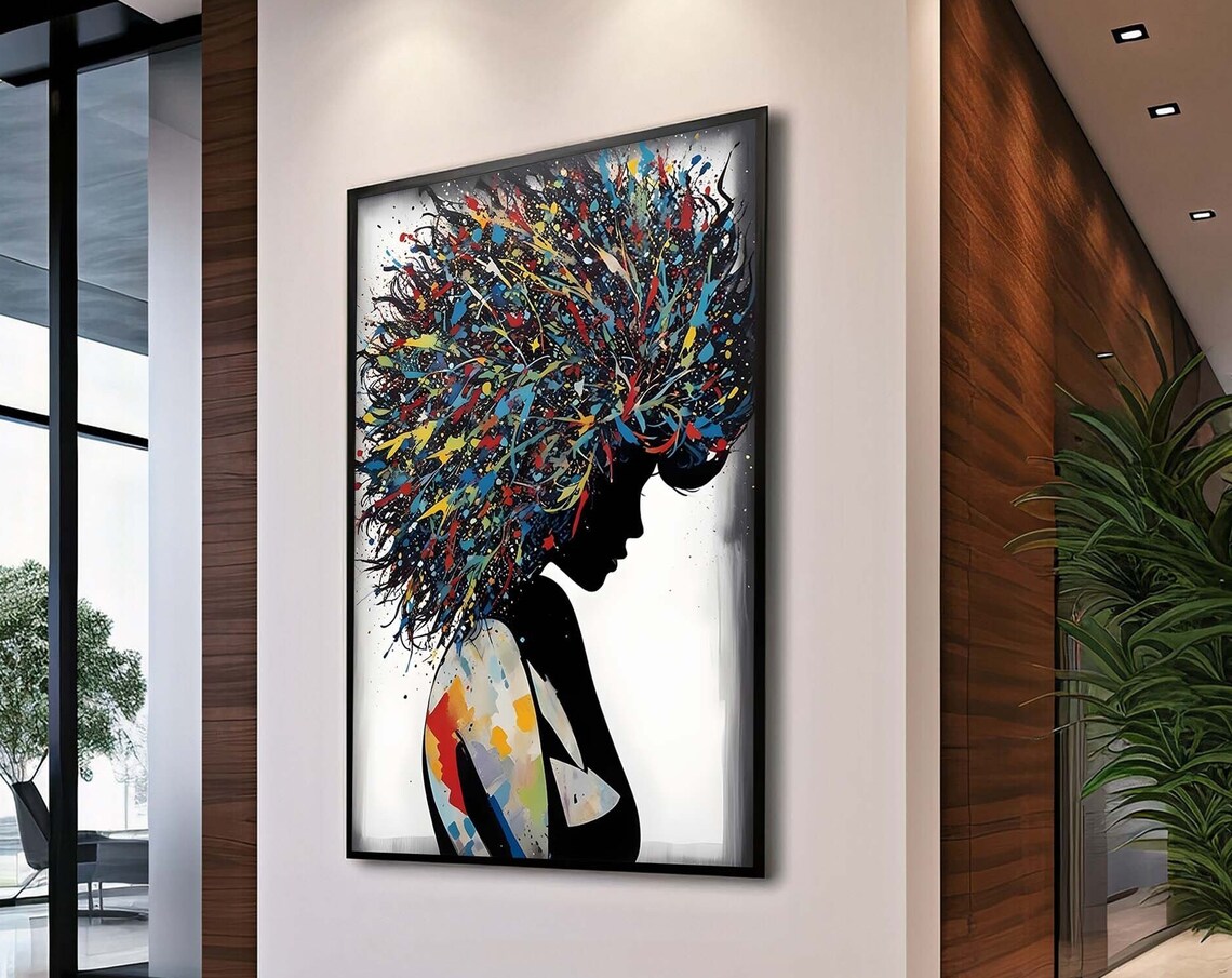 Woman Silhouette Colorful Paint Splash Hair Modern Art Poster
