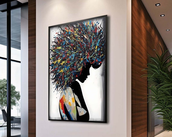 Afro Silhouette Wall Art Vibrant Color Splash Portrait Abstract Ethnic Decor African Woman Canvas Black Bold Room