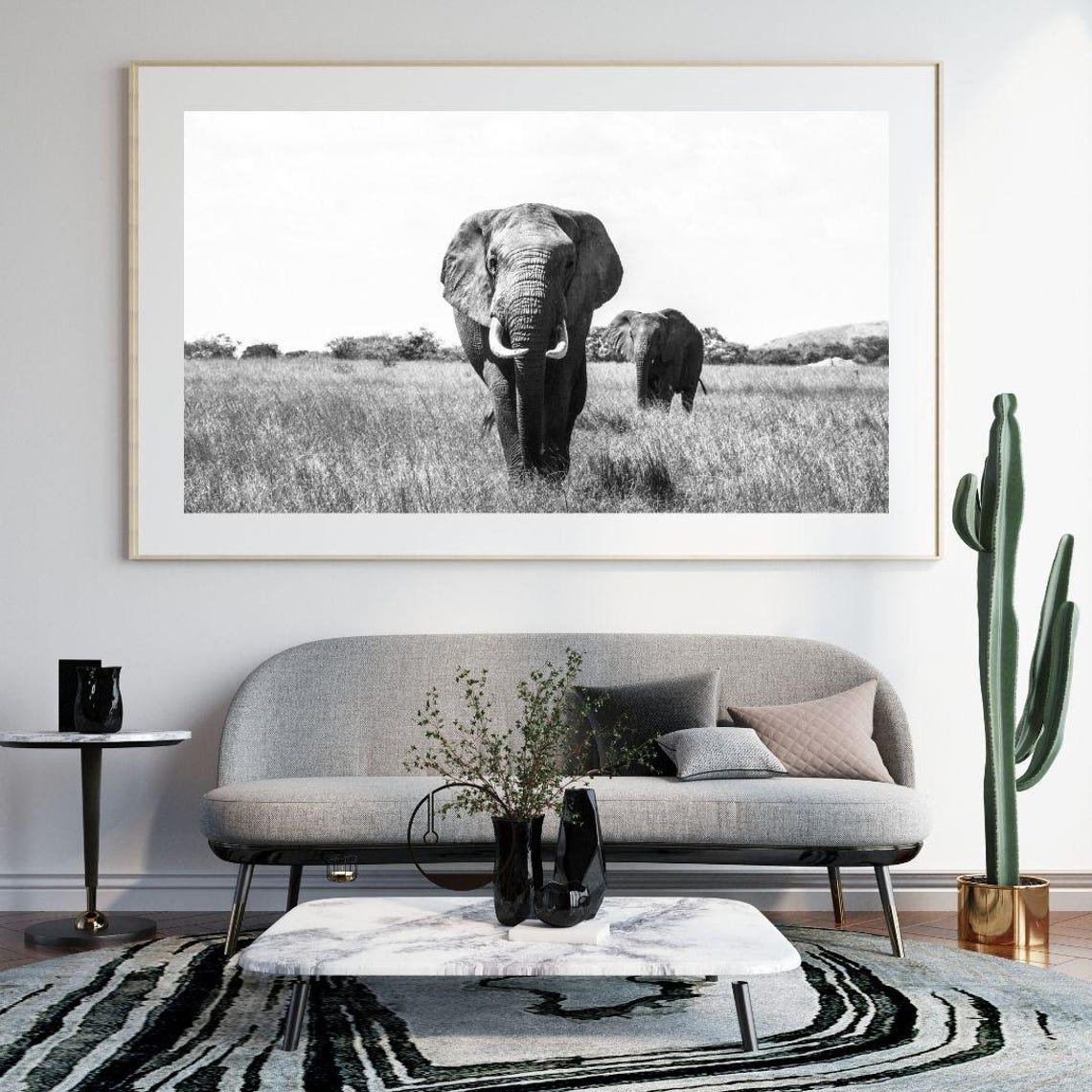 African Elephants Savanna Black And White Wildlife Photo Poster - Image 3