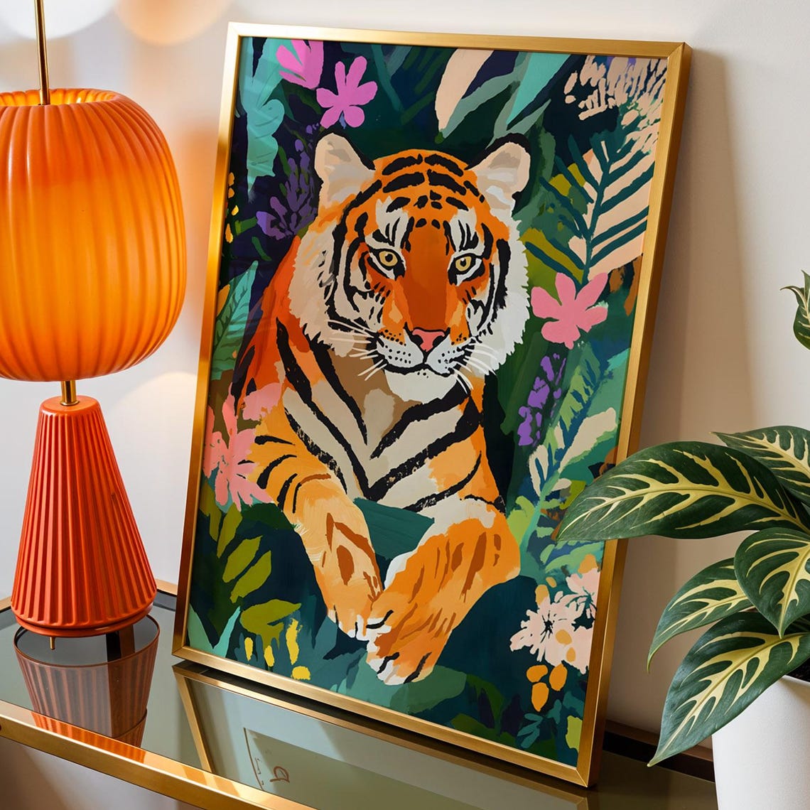 Tropical Tiger in Jungle Foliage Vibrant Botanical Art Poster