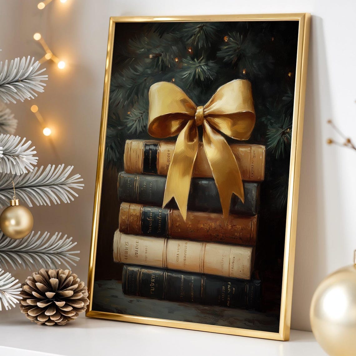 Vintage Book Stack With Gold Bow Christmas Holiday Art Poster
