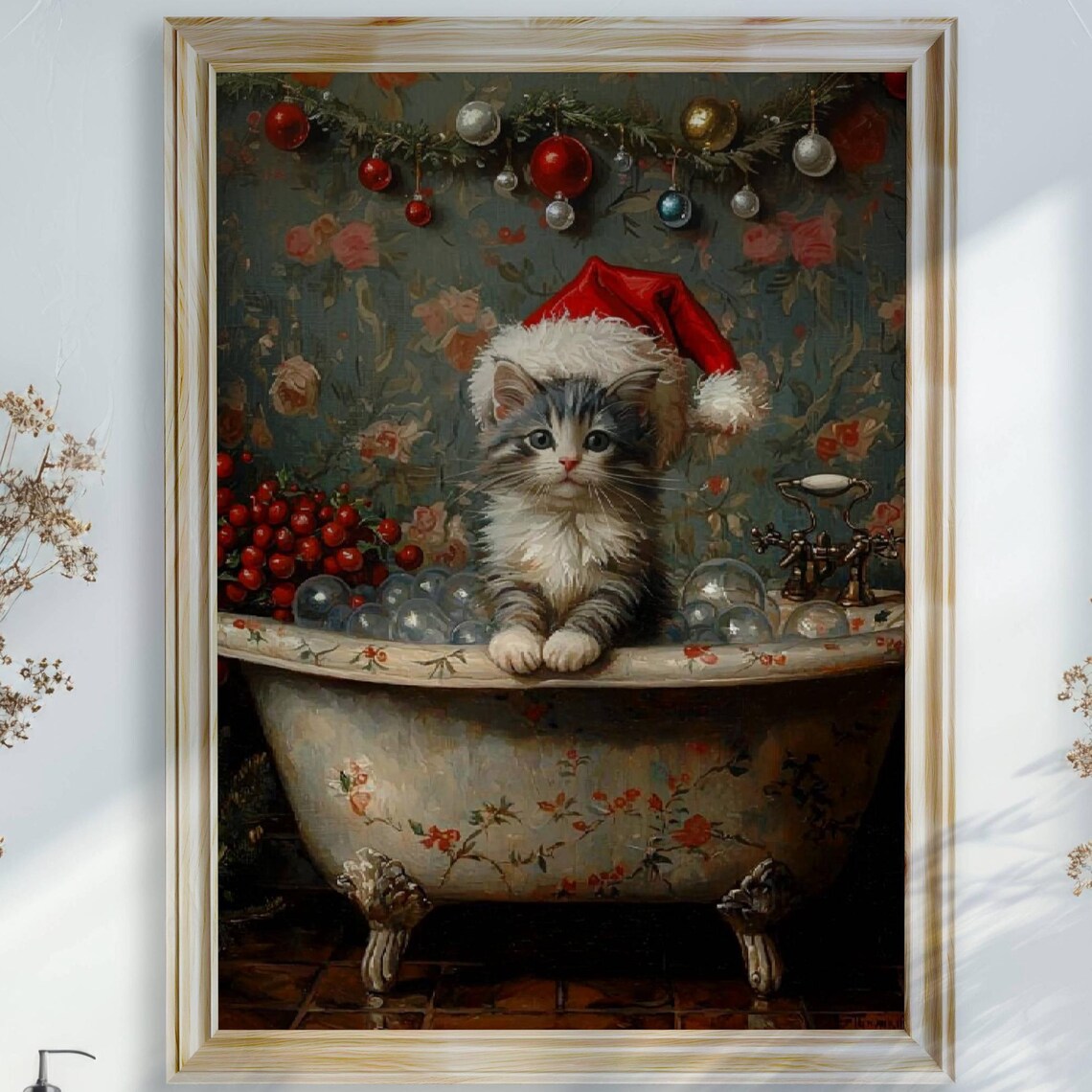 Gray Tabby Kitten Christmas Bubblebath Art Print