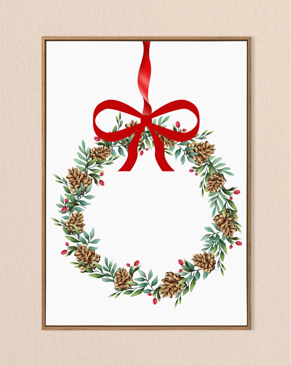 Watercolor Christmas Wreath Pinecones Red Bow Holiday Wall Poster - Image 3