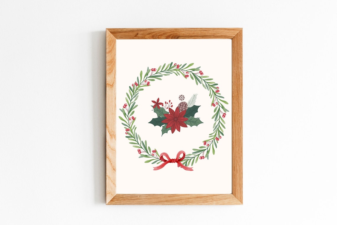 Christmas Wreath Poinsettia Holly Pinecone Red Bow Watercolor Poster