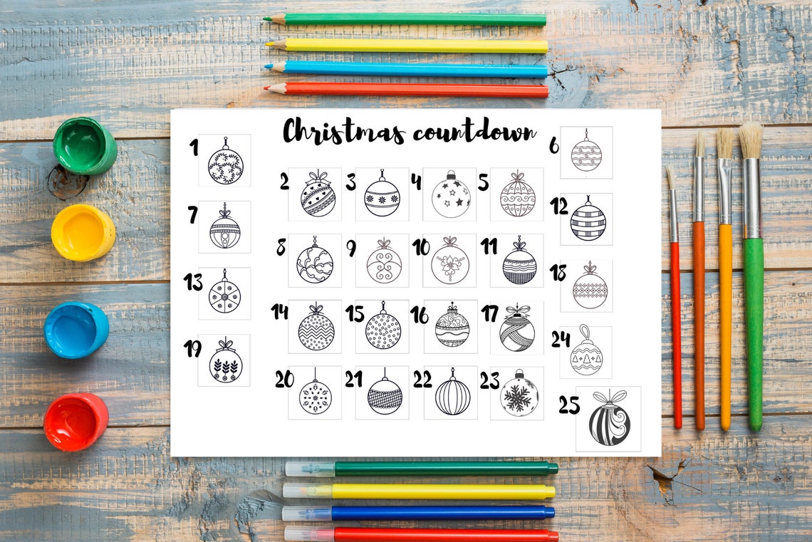 Christmas Countdown Coloring Page Advent Ornaments Kids Wall Poster