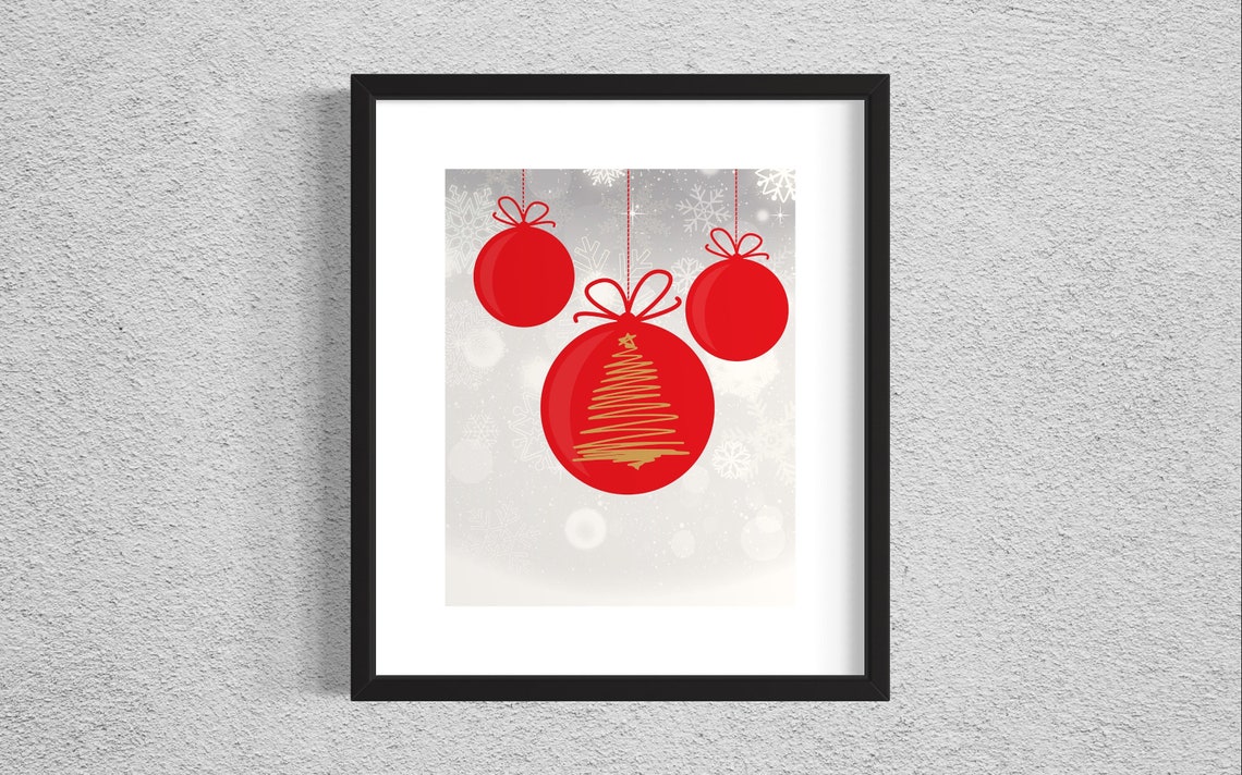 Red Christmas Ornaments Gold Tree Doodle Snowflake Winter Wall Poster