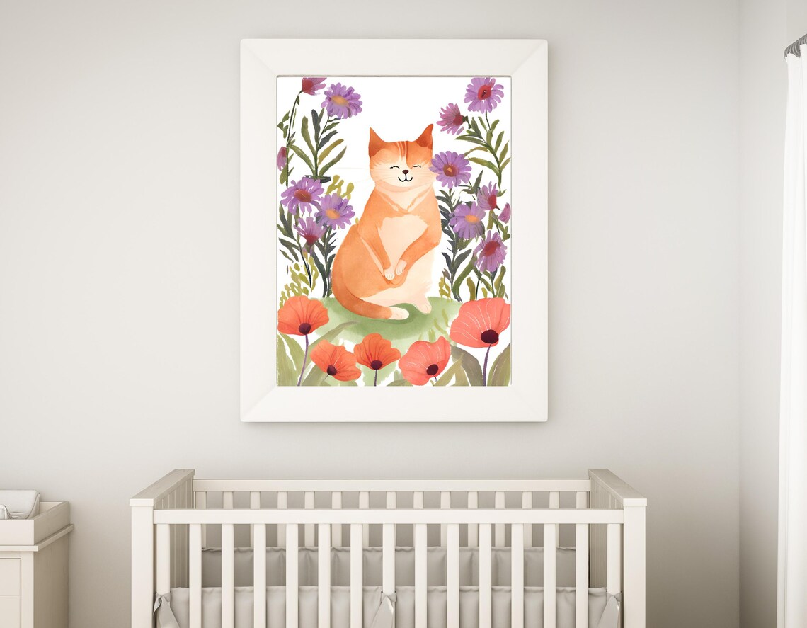 Watercolor Orange Cat Flowers Garden Nursery Kids Room Wall Poster - Image 3