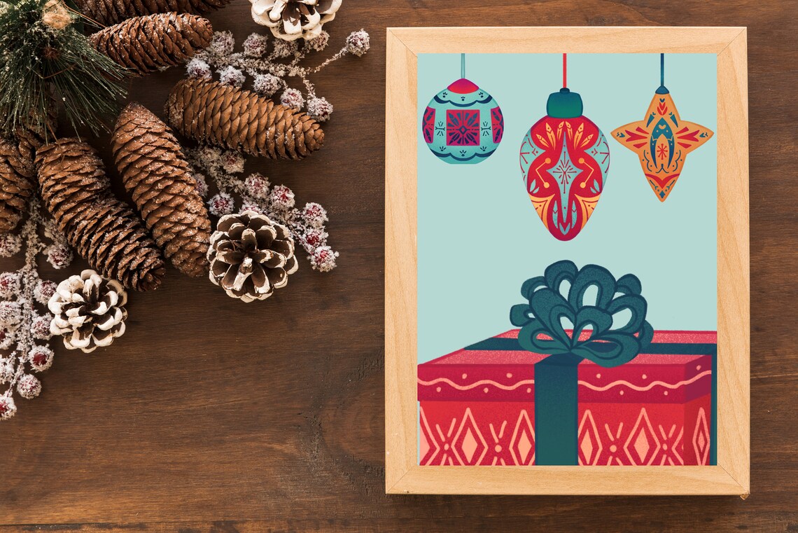 Colorful Christmas Gift Box Ornaments Festive Holiday Wall Poster - Image 2