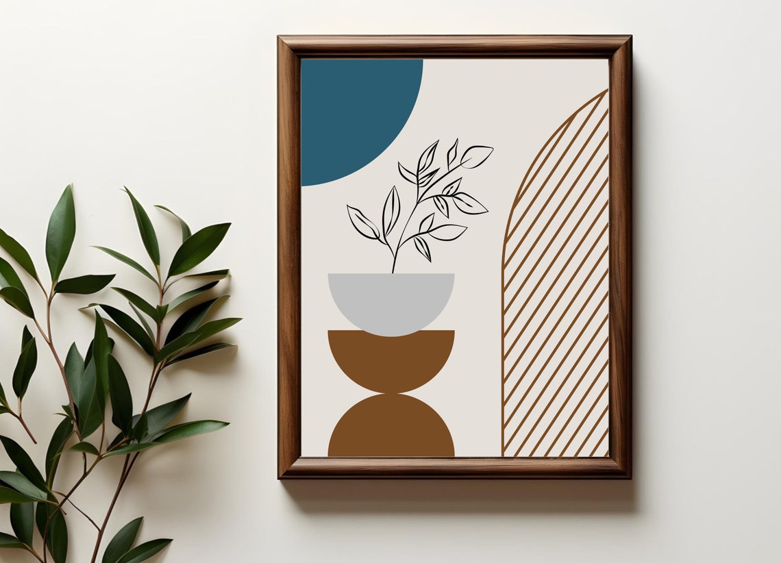 Mid Century Botanical Potted Plant Teal Brown Abstract Wall Poster