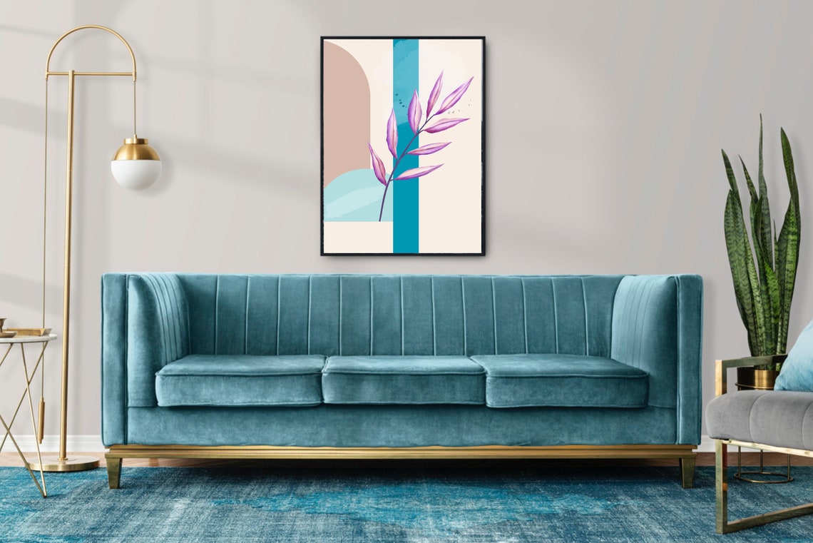 Turquoise Beige Abstract Botanical Leaf Minimalist Modern Art Poster
