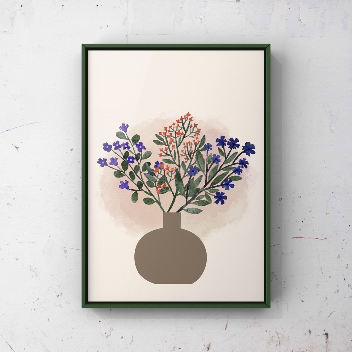 Wildflower Bouquet in Vase Blue Coral Blossoms Minimalist Art Poster - Image 2