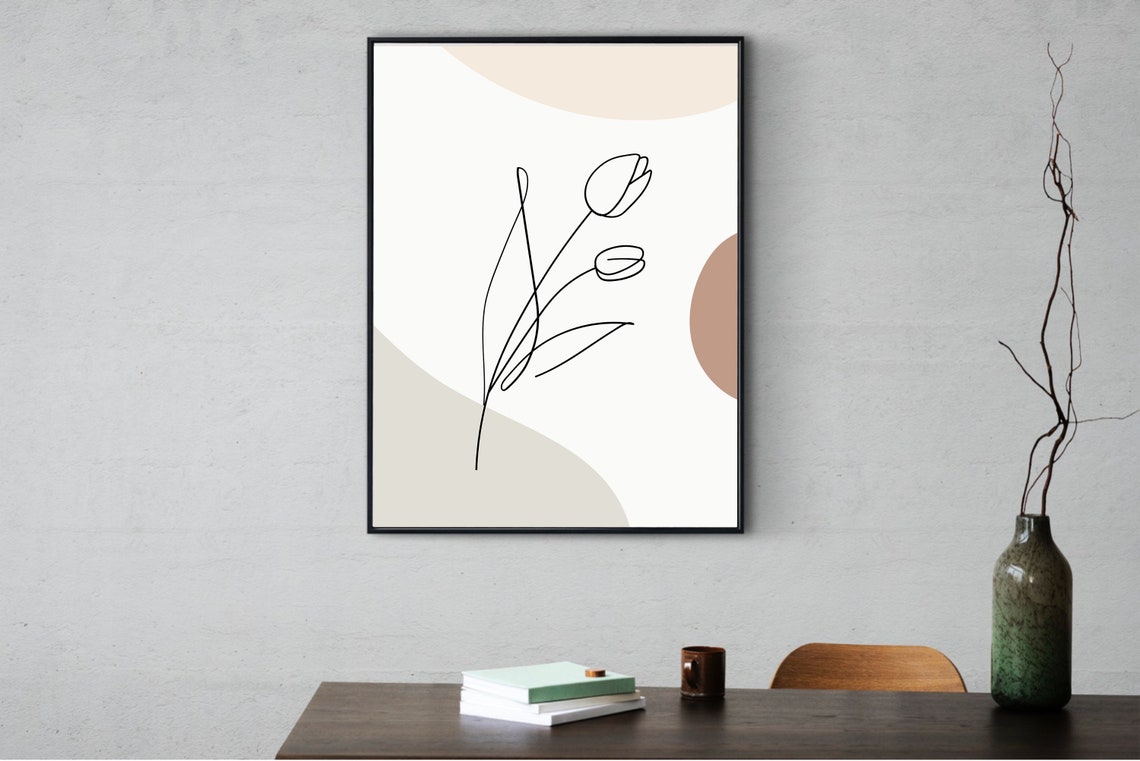Minimalist Single Line Tulip Botanical Sketch Neutral Wall Poster