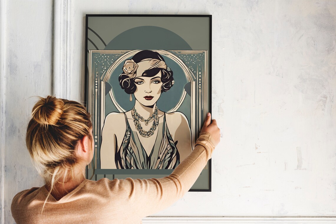 Art Nouveau Woman Portrait Sage Green 1920s Elegant Vintage Style Poster
