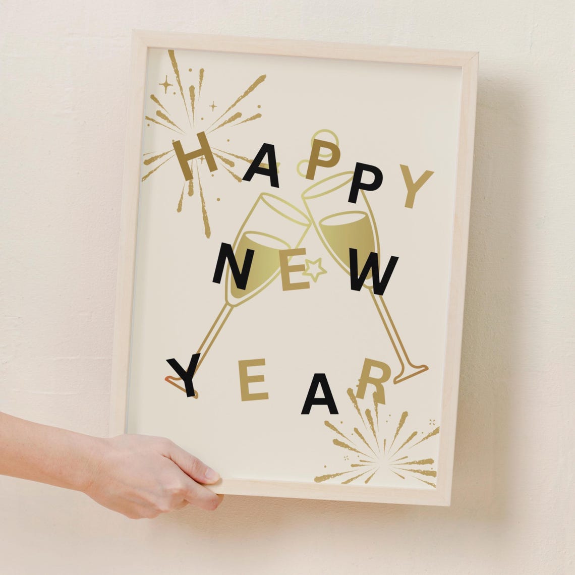 Happy New Year Champagne Glasses Gold Fireworks Festive Party Poster