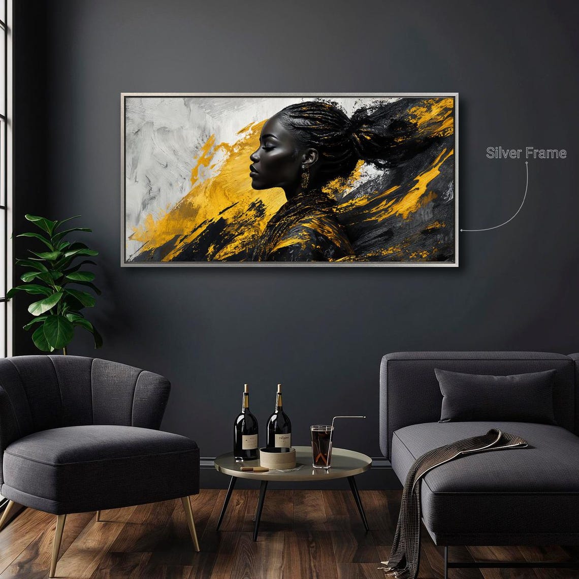 African Woman Framed Print Fashion Wall Art Black Gray And Yellow Painting Print Ethnic Culture Luxury Decor Ready To Hang - Image 2