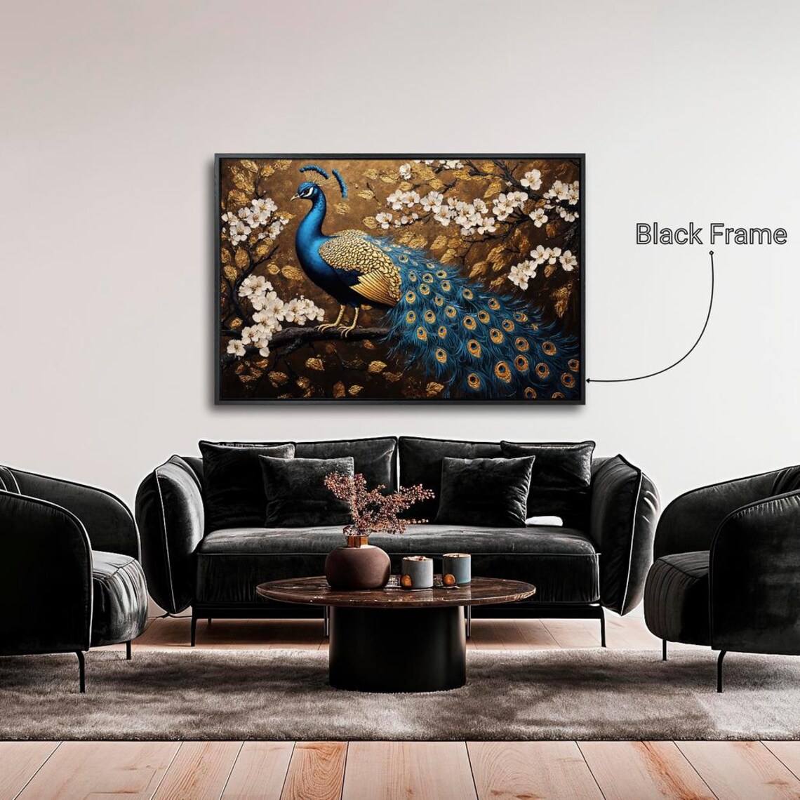 Stunning Blue Gold Peacock On Branch Cherry Blossom Art Print - Image 4