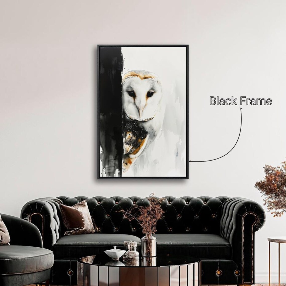Barn Owl Portrait Black White Gold Bird Of Prey Watercolor Poster - Image 3
